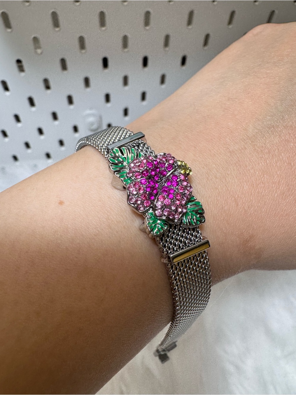 Keep collective Silver Mesh Bracelet with Pink Crystal Floral Charm